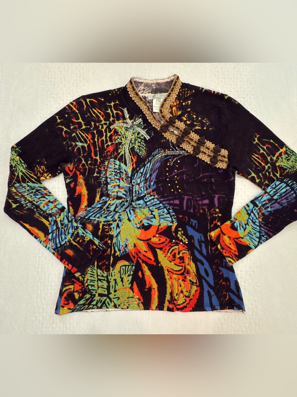 Alberto Makali Women’s Medium Embellished Top Y2K Boho Artsy Beaded Knit Sweater - Picture 1 of 7